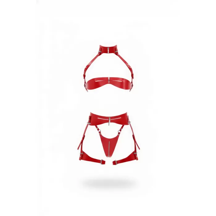 Kırmızı Jartiyer Harness Parlak Deri Fermuarlı Takım - APFT1373