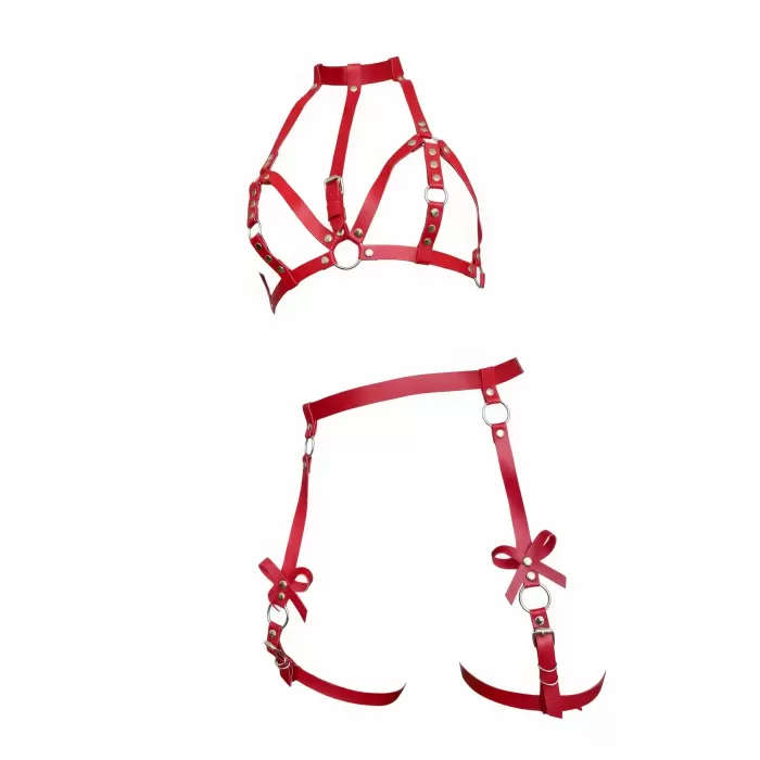 Kırmızı Jartiyer Harness Deri Yüksek Yaka Vücut Aksesuarı - APFT310