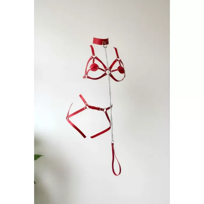 Kırmızı Jartiyer Harness Deri Zincir Detaylı Vücut Takımı - APFT311