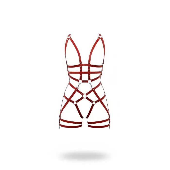 Kırmızı Jartiyer Harness Deri Dokulu Metal Halka Detaylı Vücut Aksesuarı - APFT502