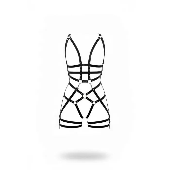 Siyah Jartiyer Harness Deri Vücut Kafesi Tam Boy - APFT502