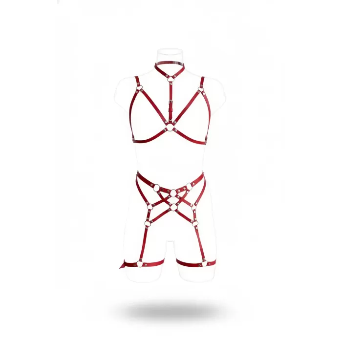 Bordo Jartiyer Harness Suni Deri O-Halka Detaylı Vücut Takımı - APFT507