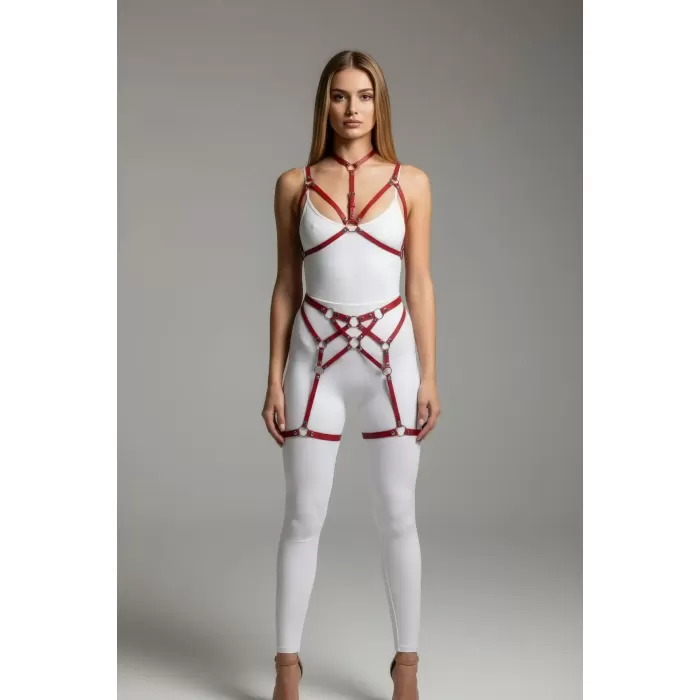 Kırmızı Jartiyer Harness Deri Halka Detaylı Boyunluklu Vücut Aksesuarı - APFT507