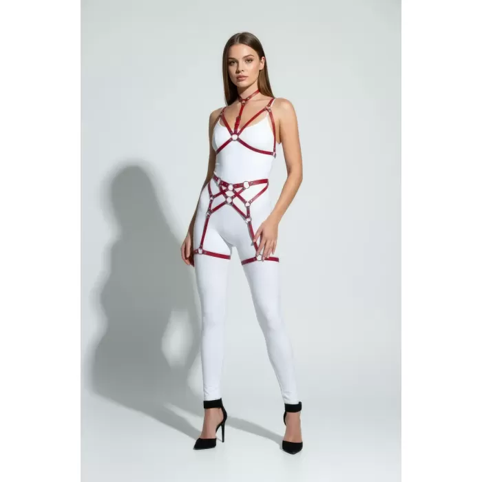 Kırmızı Jartiyer Harness Deri Halka Detaylı Boyunluklu Vücut Aksesuarı - APFT507