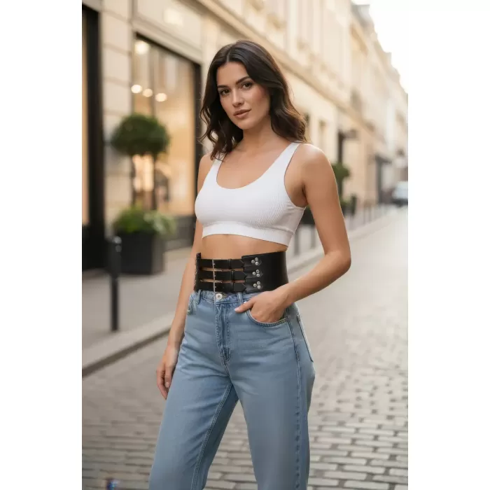 Siyah Kadın Kemer Kalın Korse Tipi Üç Tokalı Bel Aksesuarı - APFT827