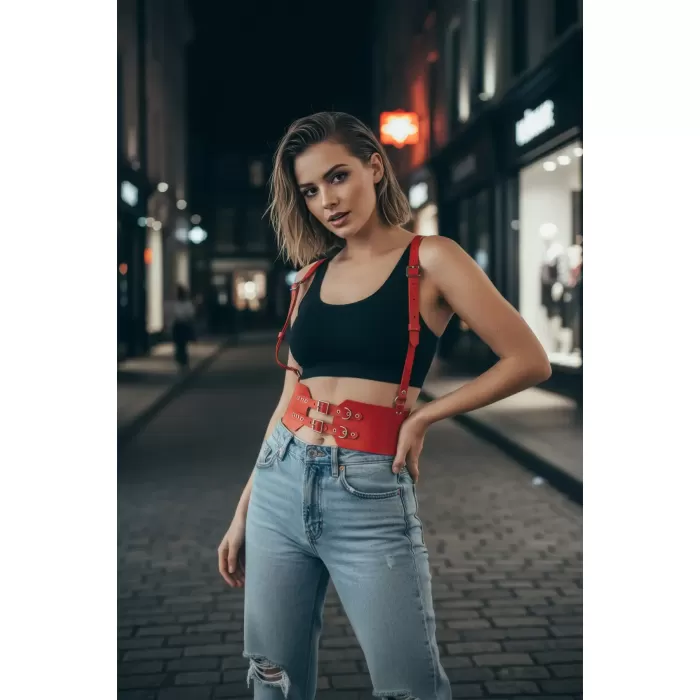 Kırmızı Kadın Kemer Kalın Deri Korse Bel - APFT853