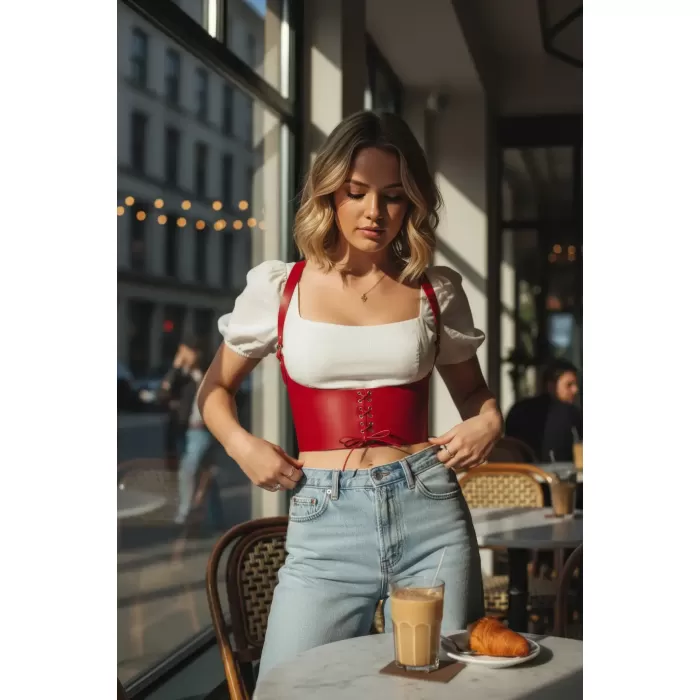 Kırmızı Kadın Kemer Bağcıklı Korse Detaylı Geniş Bel Aksesuarı - APFT855