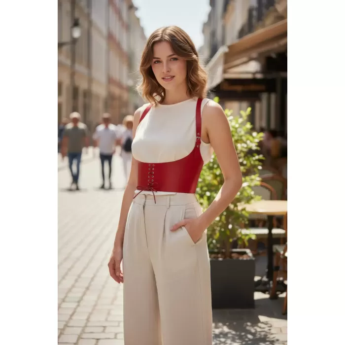 Kırmızı Kadın Kemer Bağcıklı Korse Detaylı Geniş Bel Aksesuarı - APFT855