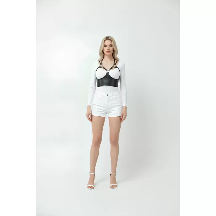 Siyah Kadın Kemer Suni Deri Korse Detaylı Vücut Aksesuarı - APFT872