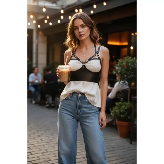 Siyah Kadın Kemer Metal Halkalı Korse Tipi Vücut Aksesuarı - APFT872