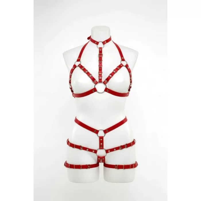 Kırmızı Harness Takım Deri Vücut Metal Halka Detaylı - APFT874