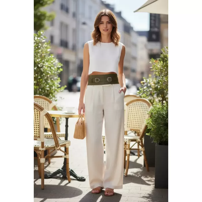 Haki Kadın Kemer Kalın Çift Tokalı Geniş Bel Aksesuarı - APFT875