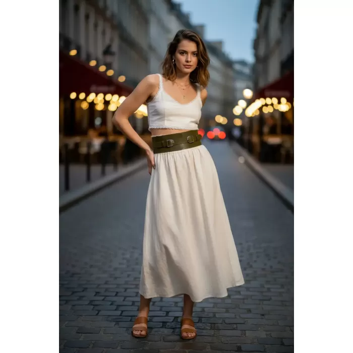 Haki Kadın Kemer Kalın Çift Tokalı Geniş Bel Aksesuarı - APFT875