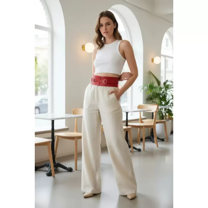 Kırmızı Kadın Kemer Geniş Korse Stil Deri Kemer - APFT875