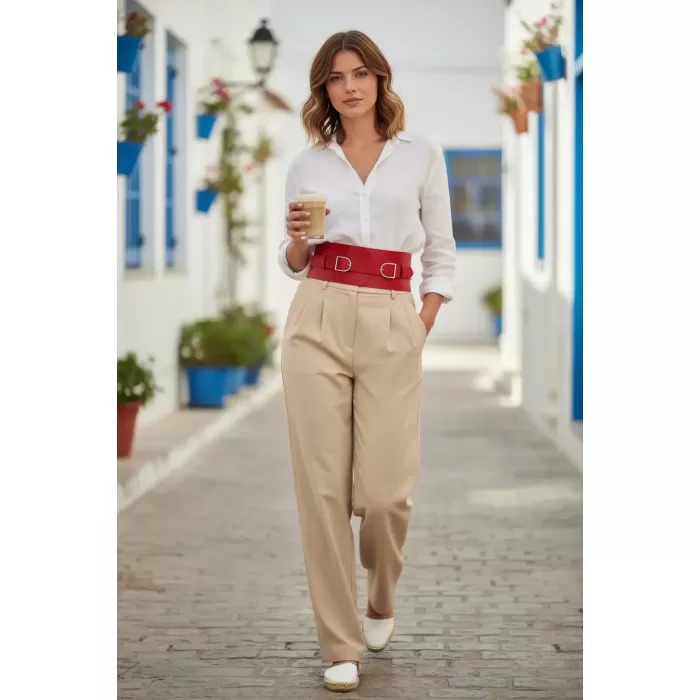 Kırmızı Kadın Kemer Geniş Korse Stil Deri Kemer - APFT875