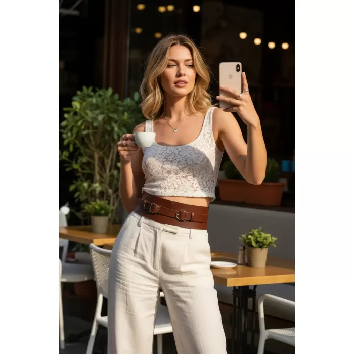 Taba Kadın Kemer Geniş Çift Tokalı Bel Aksesuarı - APFT875