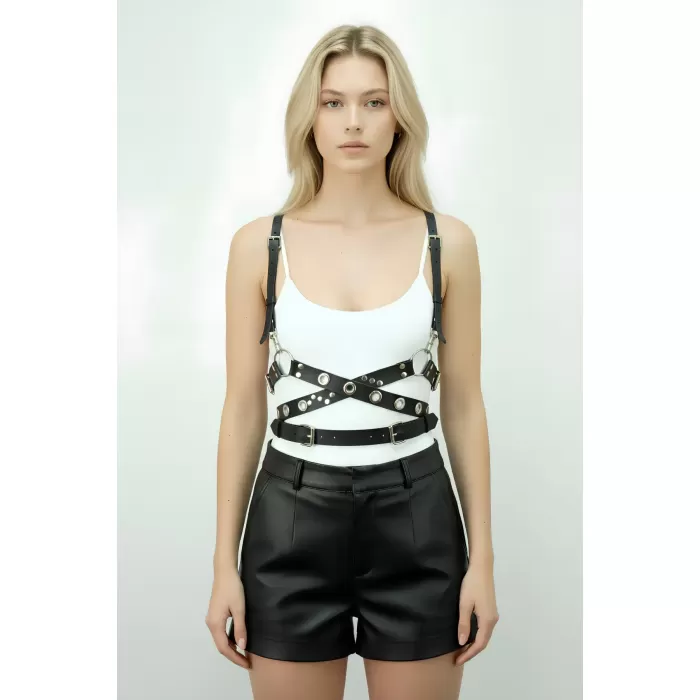 Siyah Kadın Kemer Çapraz Bantlı Zımba Detaylı Vücut Aksesuarı - APFT890