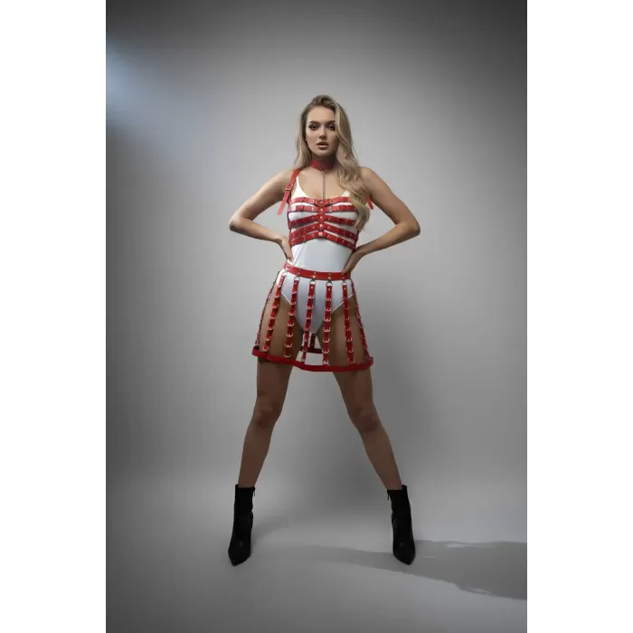 Kırmızı Etek Şeritli Metal Tokalı Kısa Etek - APFT891