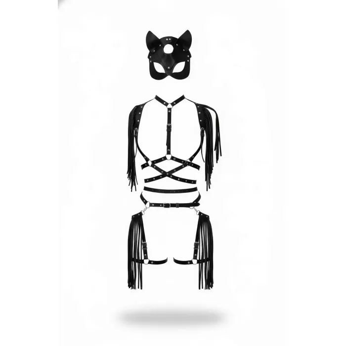 Siyah Etek Deri Püsküllü Tokalı Vücut Aksesuarı Seti - APFT892
