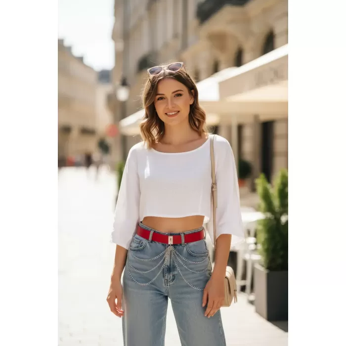 Kırmızı Kadın Kemer Çoklu Zincir Detaylı Bel Aksesuarı - APFT904