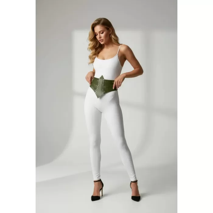 Haki Kadın Kemer Geniş Zımba Detaylı Korse Bel Aksesuarı - APFT905