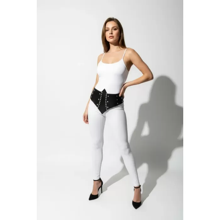 Siyah Kadın Kemer Zımba Detaylı Kalın Yüksek Bel - APFT905