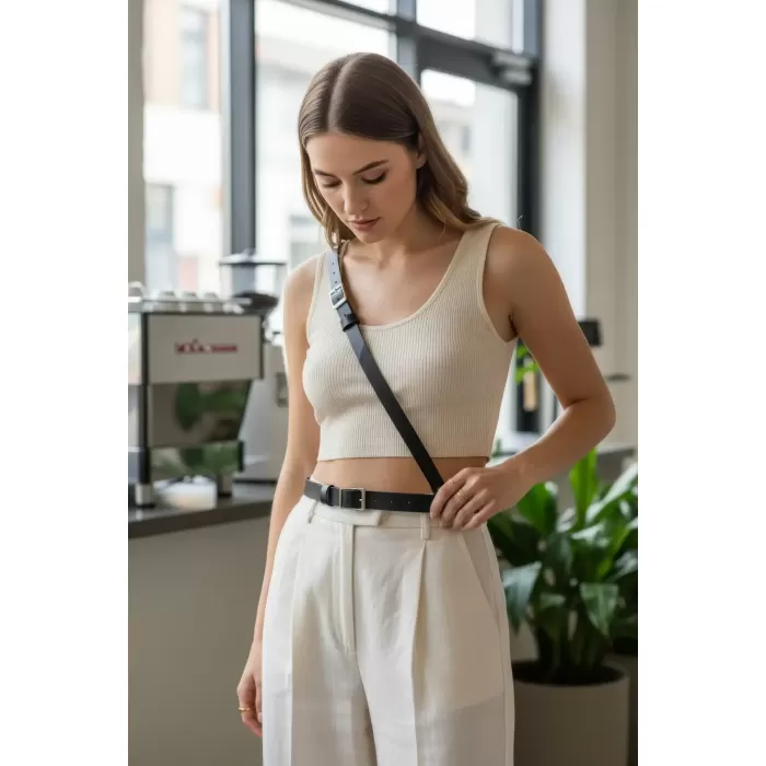 Siyah Kadın Kemer Gümüş Tokalı Suni Deri Pantolon Kemeri - APFT917