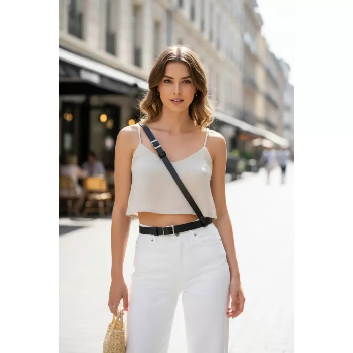 Siyah Kadın Kemer Gümüş Tokalı Suni Deri Pantolon Kemeri - APFT917