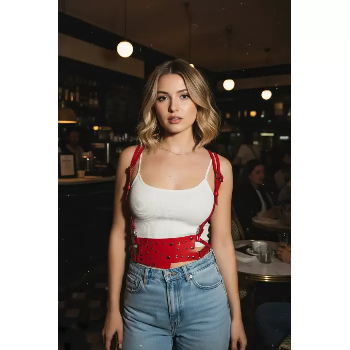 Kırmızı Kadın Kemer Zımba Detaylı Geniş Deri - APFT918