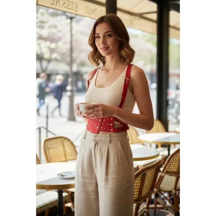 Kırmızı Kadın Kemer Zımba Detaylı Geniş Deri - APFT918