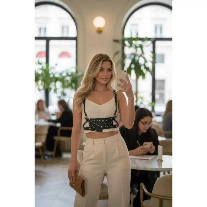 Siyah Kadın Kemer Zımbalı Bel Çantalı Deri - APFT918