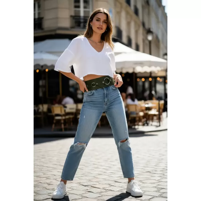 Haki Kadın Kemer Kalın Halka Tokalı Bel Aksesuarı - APFT920