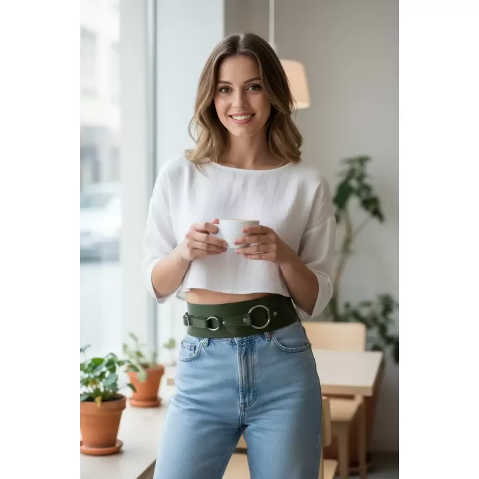 Haki Kadın Kemer Kalın Halka Tokalı Bel Aksesuarı - APFT920