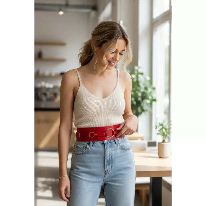 Kırmızı Kadın Kemer Kalın Halkalı Bel Aksesuarı - APFT920