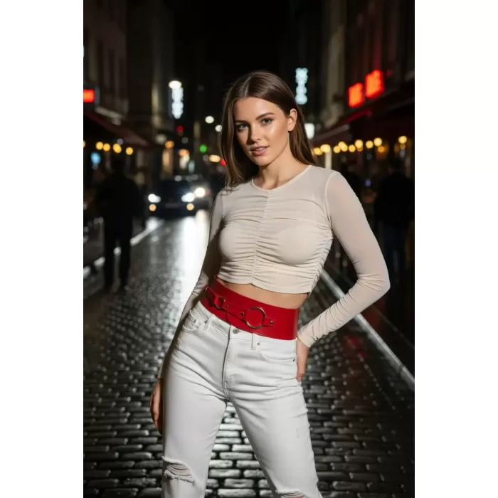 Kırmızı Kadın Kemer Kalın Halkalı Bel Aksesuarı - APFT920