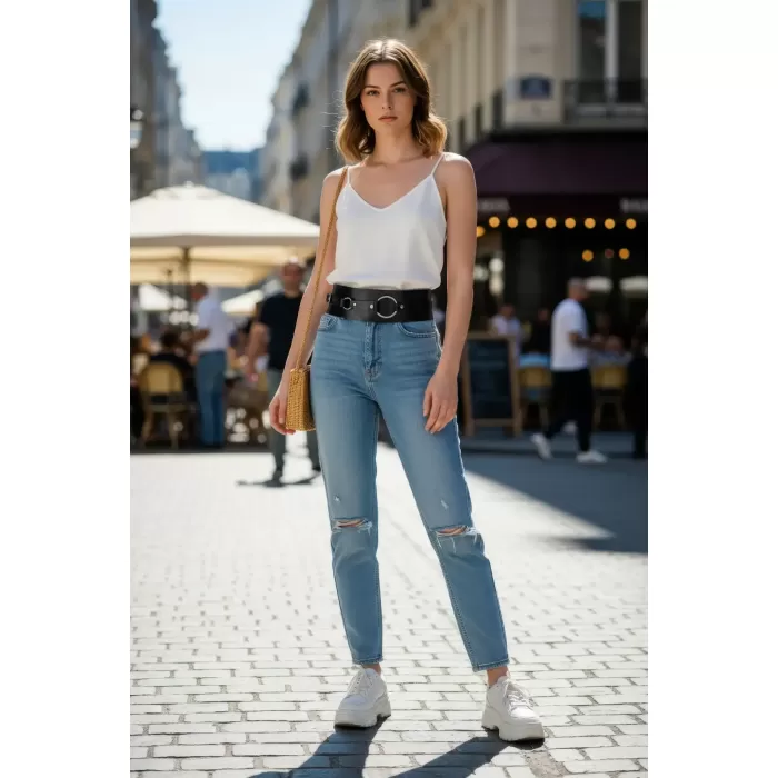 Siyah Kadın Kemer Kalın Halka Tokalı Bel Aksesuarı - APFT920