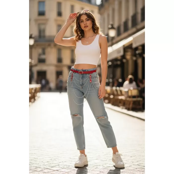 Kırmızı Kadın Kemer Zincir Detaylı Çok Katlı Bel Aksesuarı - APFT921