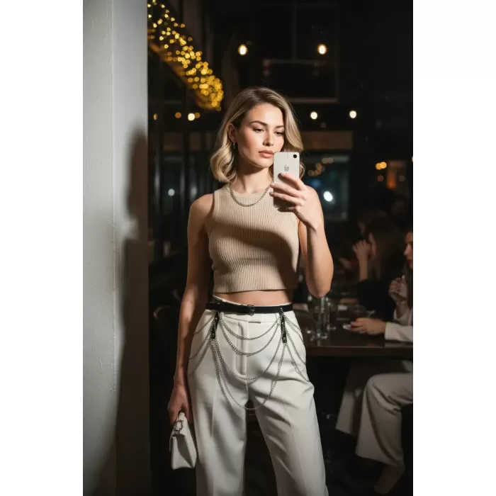 Siyah Kadın Kemer Çok Katlı Zincir Detaylı Bel Aksesuarı - APFT921