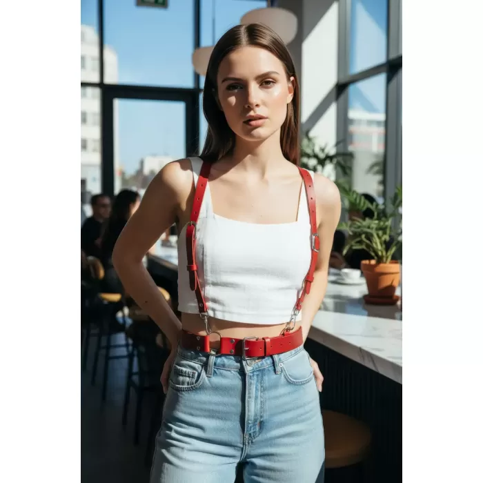 Kırmızı Kadın Kemer Omuz Detaylı Geniş Tokalı - APFT934