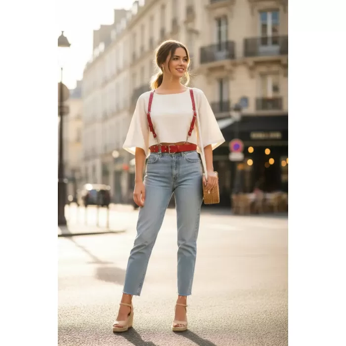 Kırmızı Kadın Kemer Omuz Detaylı Geniş Tokalı - APFT934