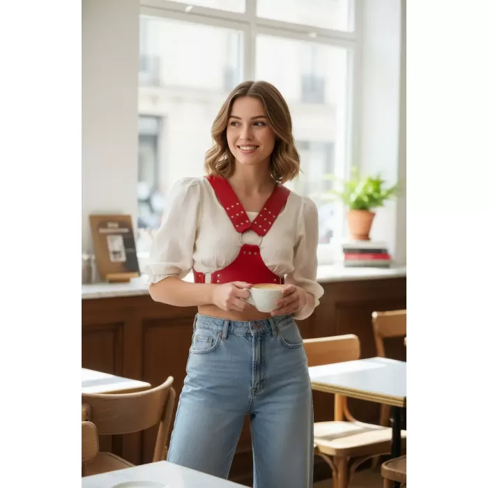 Kırmızı Kadın Kemer Zımbalı O Halka Detaylı Vücut Kemer - APFT936