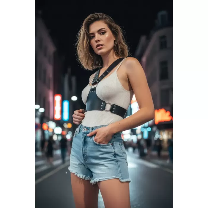 Siyah Kadın Kemer Zımba Detaylı Vücut Aksesuarı - APFT936