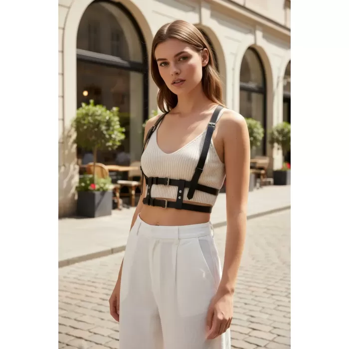 Siyah Kadın Kemer Çoklu Tokalı Deri Vücut Aksesuarı - APFT941