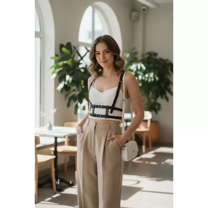 Siyah Kadın Kemer Çoklu Tokalı Deri Vücut Aksesuarı - APFT941