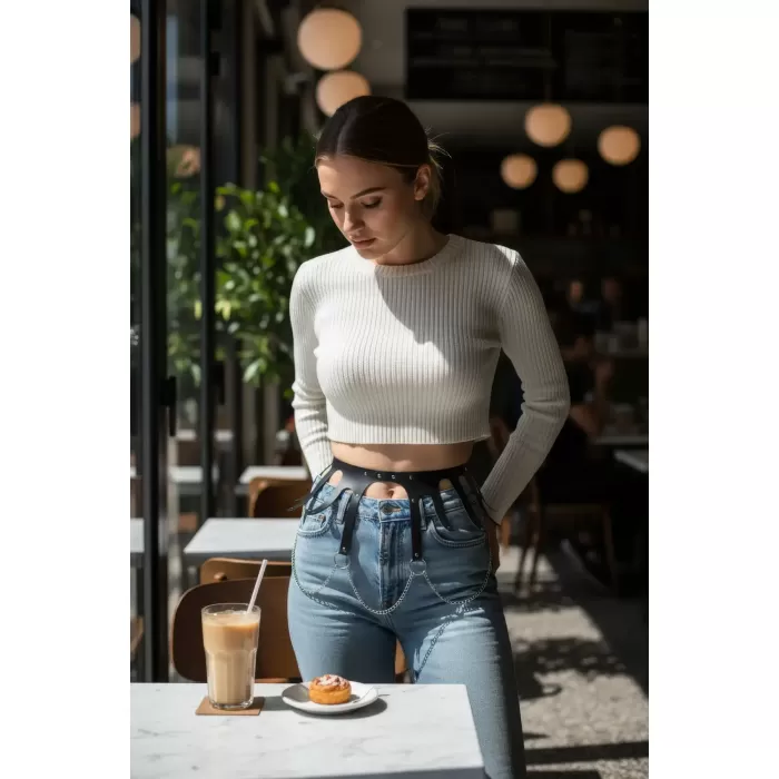 Siyah Kadın Kemer Zincir Detaylı Geniş Bel Aksesuarı - APFT948