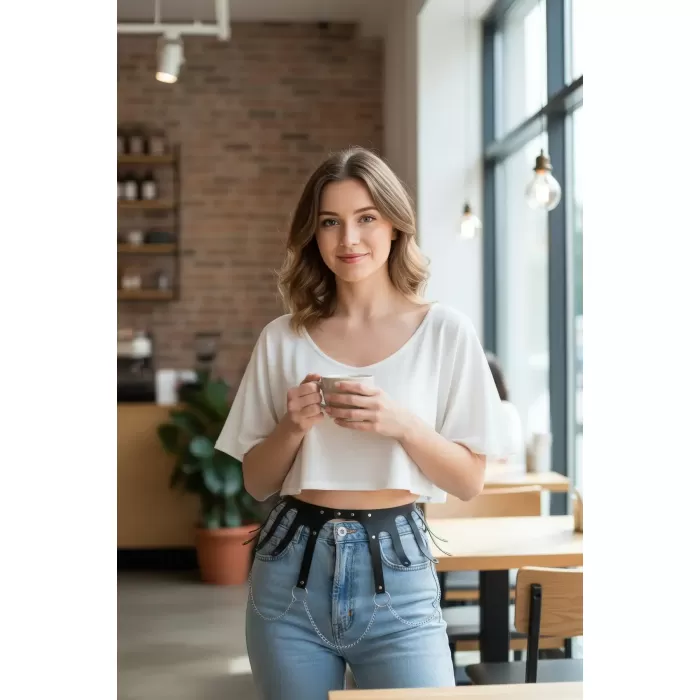 Siyah Kadın Kemer Zincir Detaylı Geniş Bel Aksesuarı - APFT948