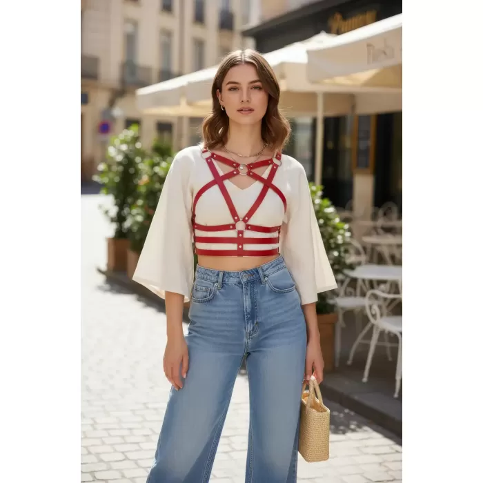 Kırmızı Kadın Kemer Çoklu Şeritli Metal Halka Detaylı Vücut Aksesuarı - APFT955