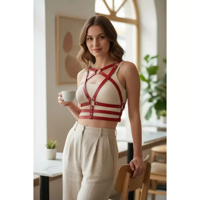 Kırmızı Kadın Kemer Çoklu Şeritli Metal Halka Detaylı Vücut Aksesuarı - APFT955