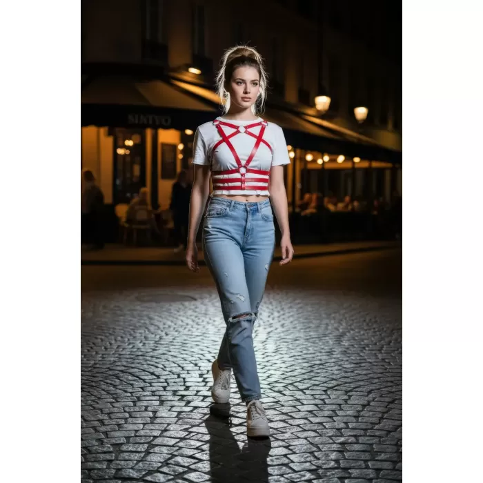 Kırmızı Kadın Kemer Çoklu Şeritli Metal Halka Detaylı Vücut Aksesuarı - APFT955