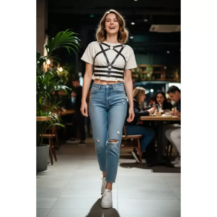 Siyah Kadın Kemer Deri Çoklu Bantlı Vücut Aksesuarı - APFT955